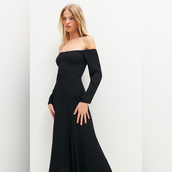 Reformation Ballari Dress in Black Midi Off Shoulder Long Sleeves Size 0 - Picture 13 of 17